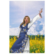 Serbian girl in traditional dress standing in a field of yellow flowers, 1000-piece puzzle.