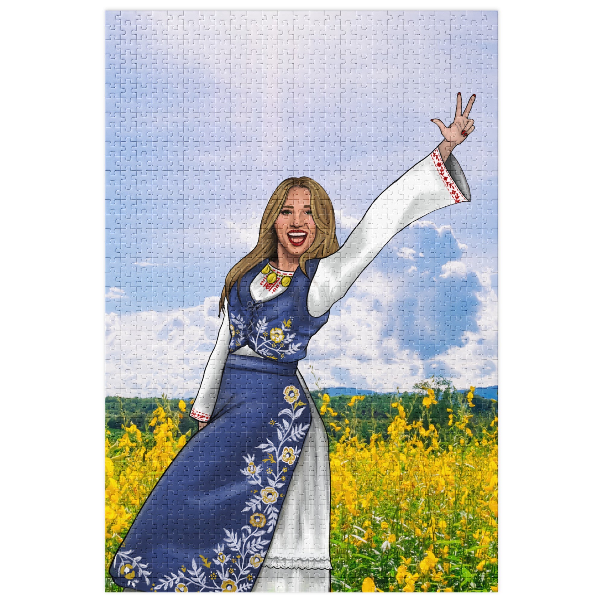 Serbian girl in traditional dress standing in a field of yellow flowers, 1000-piece puzzle.