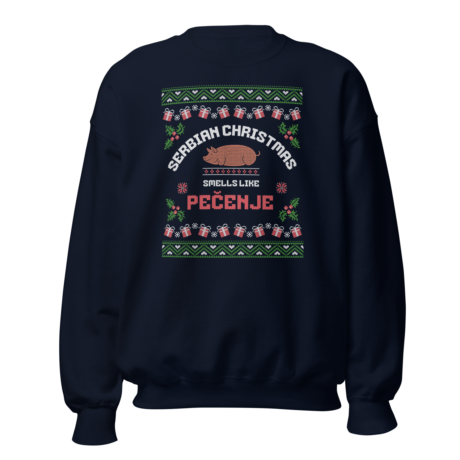 Serbian Christmas crewneck reading “Smells Like Pečenje,” festive roast theme, Balkanish design.