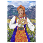Slovenian girl in traditional dress with mountains and wildflowers, 1000-piece puzzle.