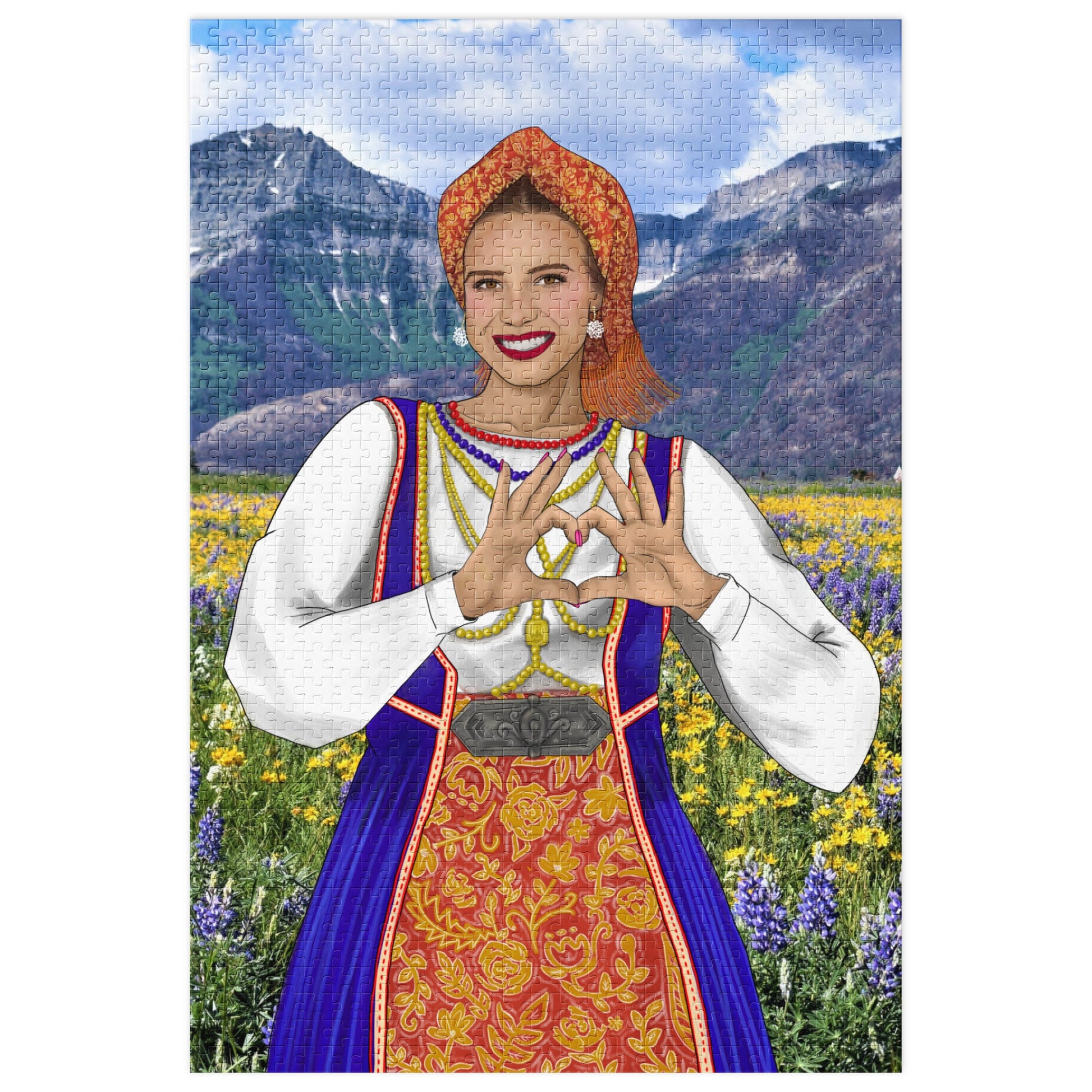 Slovenian girl in traditional dress with mountains and wildflowers, 1000-piece puzzle.