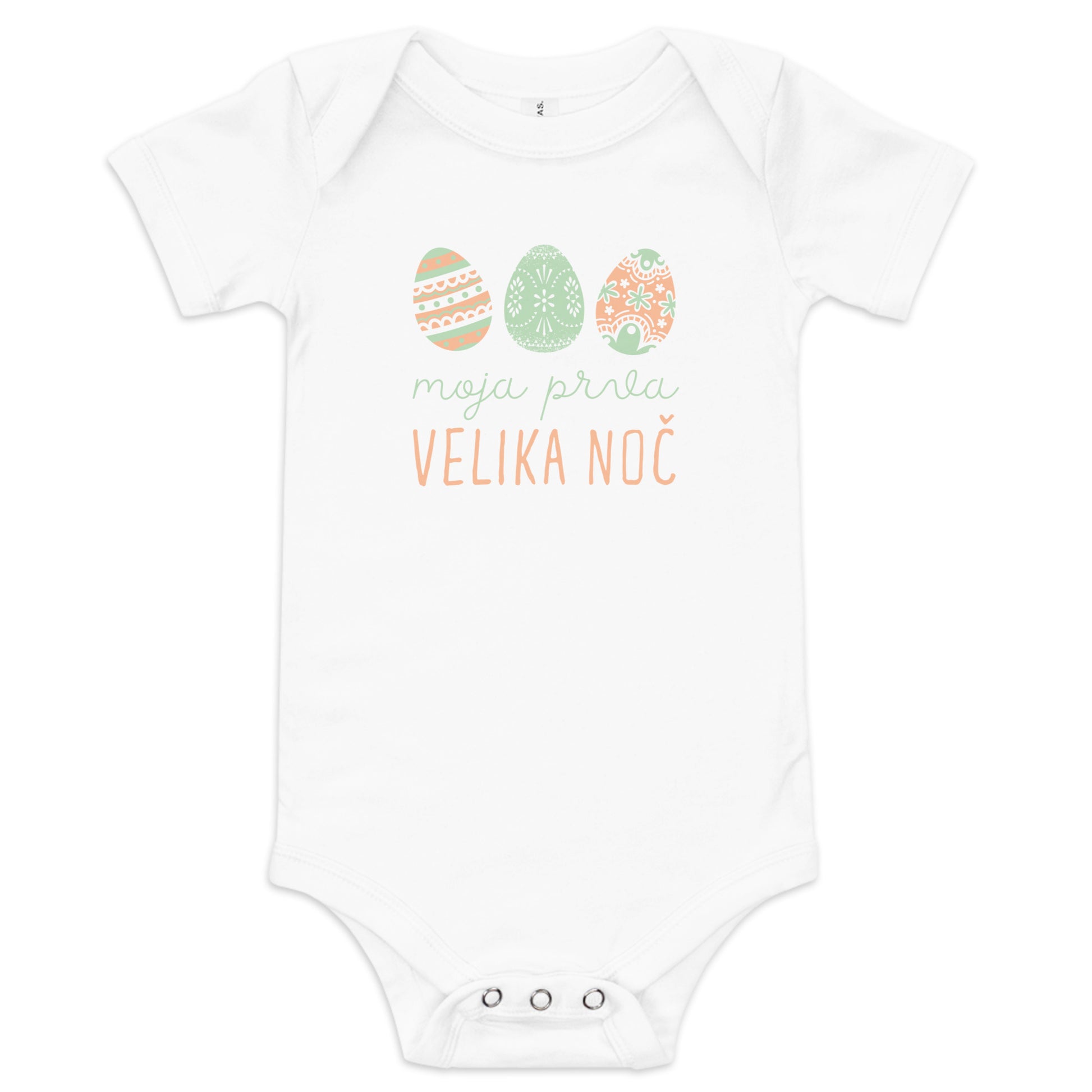 Slovenian baby bodysuit with pastel Easter eggs and the phrase “Moj prvi Velika noč” meaning My First Easter in Slovenian
