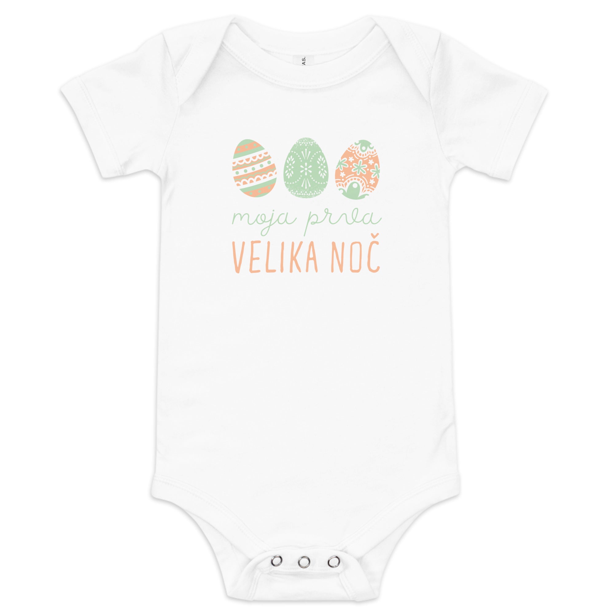 Slovenian baby bodysuit with pastel Easter eggs and the phrase “Moj prvi Velika noč” meaning My First Easter in Slovenian