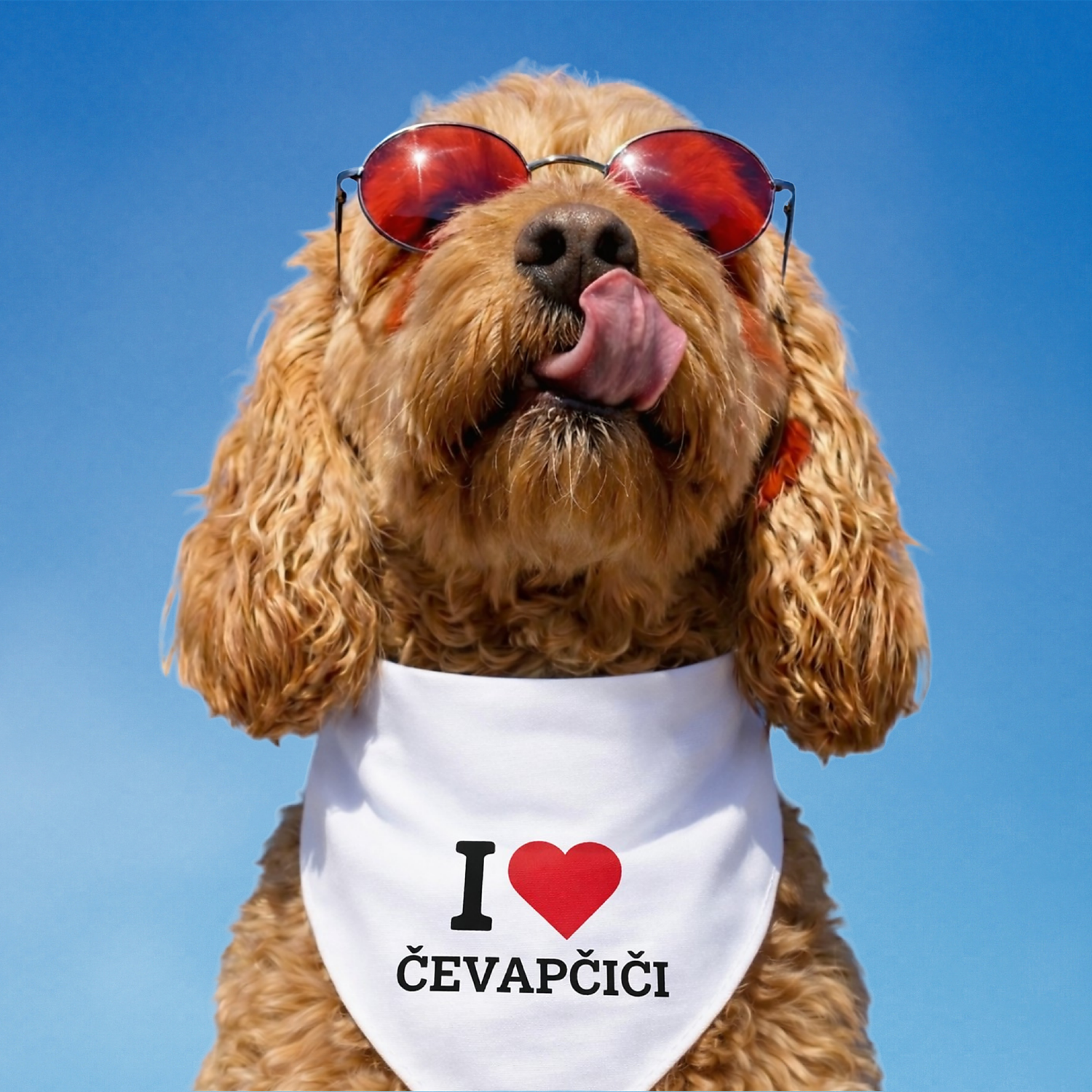 Dog wearing sunglasses and a bandana with 'I ❤️ Čevapčiči' text against a clear blue sky.