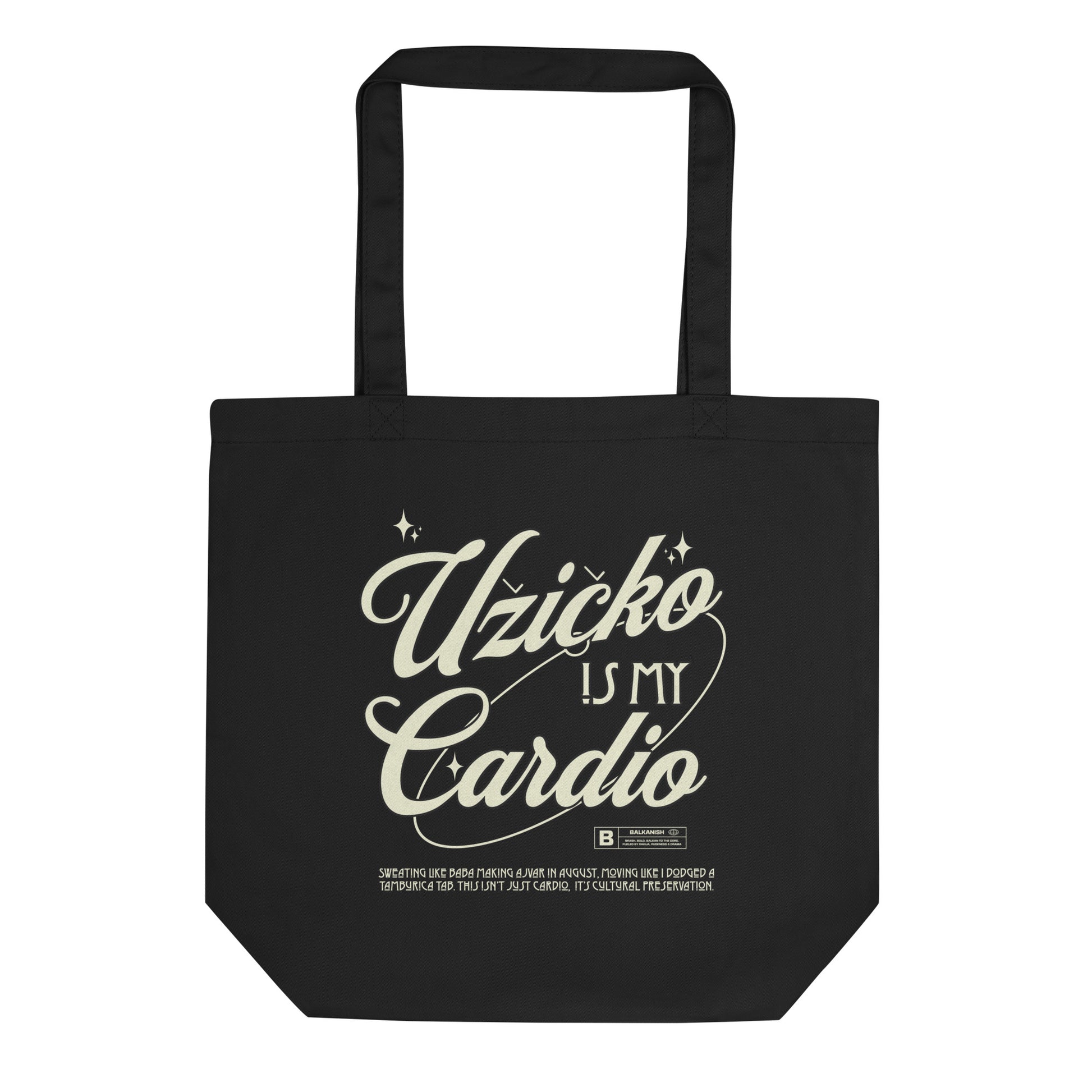 Serbian “Užičko Is My Cardio” tote bag with vintage script, Balkan dance theme.