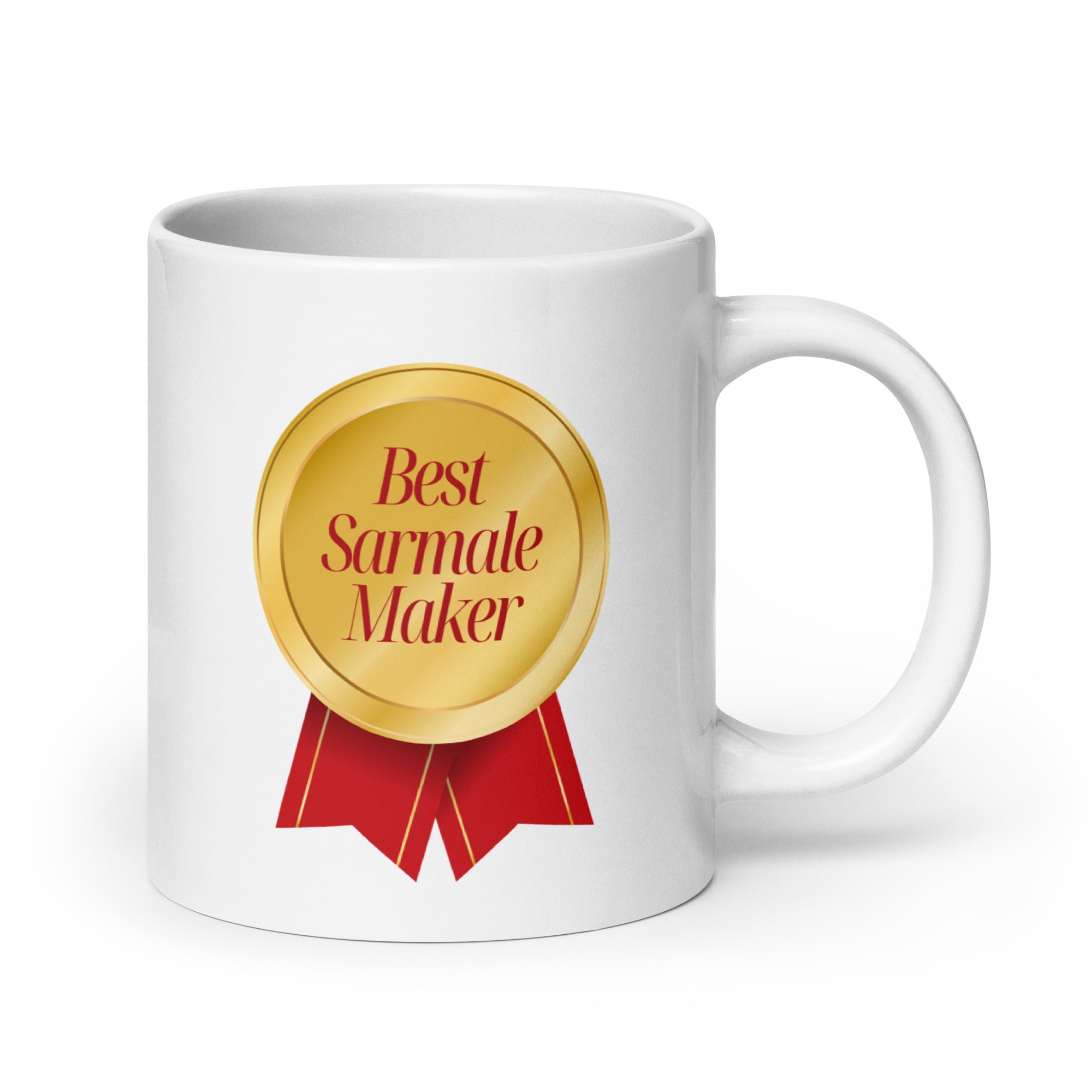 White mug with a gold award badge reading “Best Sarmale Maker.”