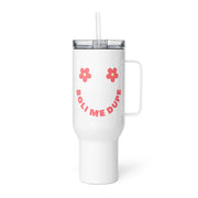 White Boli Me Dupe smiley face tumbler with pink retro lettering and floral design inspired by Balkan humor culture