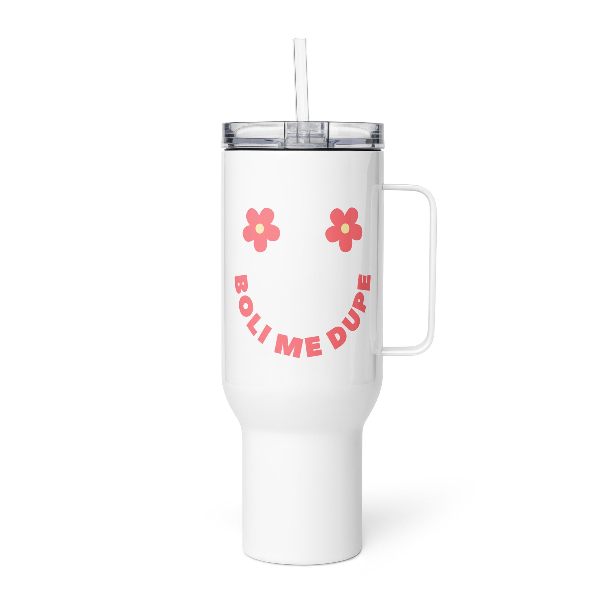 White Boli Me Dupe smiley face tumbler with pink retro lettering and floral design inspired by Balkan humor culture