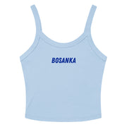 Woman's baby blue crop tank top featuring the word Bosanka in blue lettering for Bosnian pride and World Cup supporter apparel