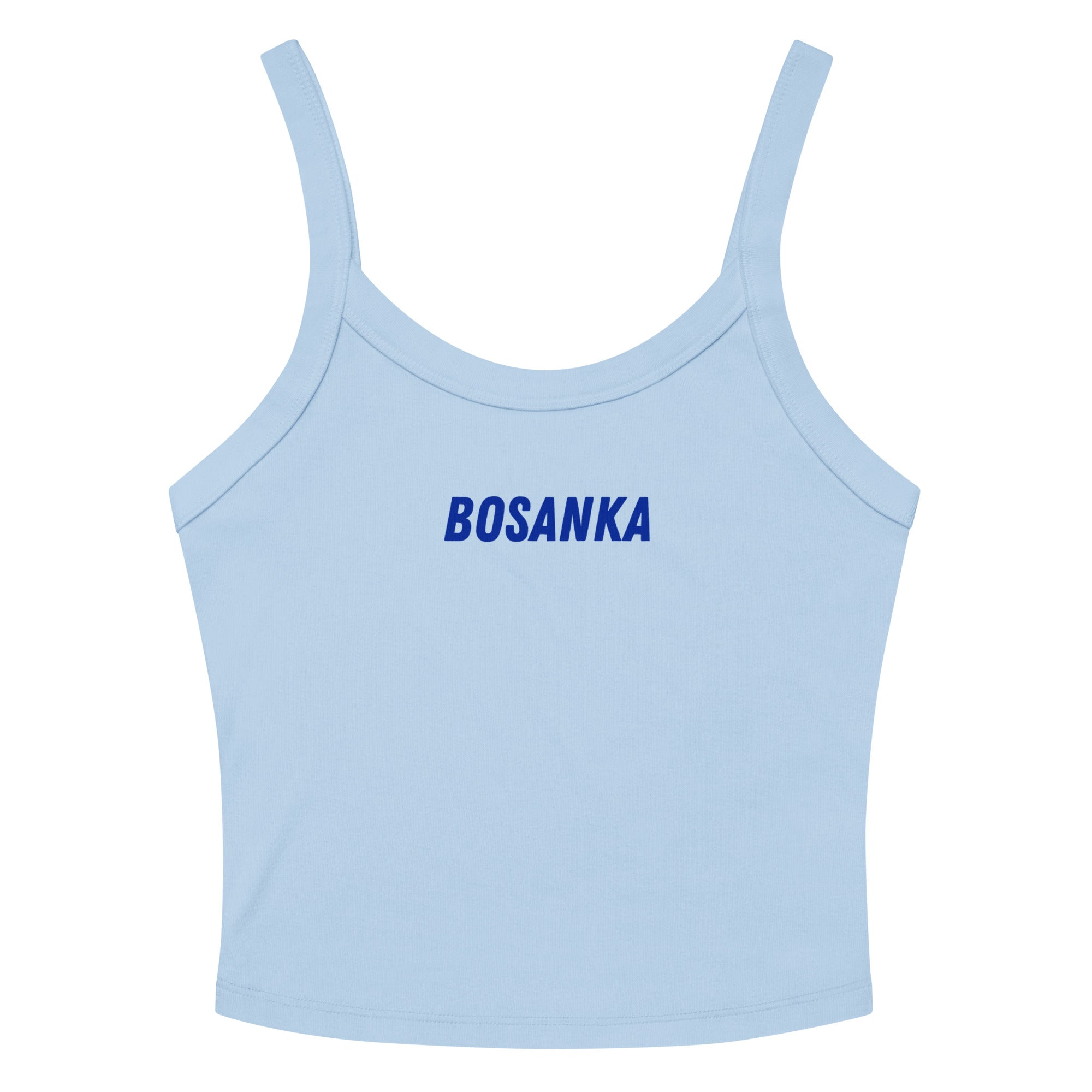 Woman's baby blue crop tank top featuring the word Bosanka in blue lettering for Bosnian pride and World Cup supporter apparel