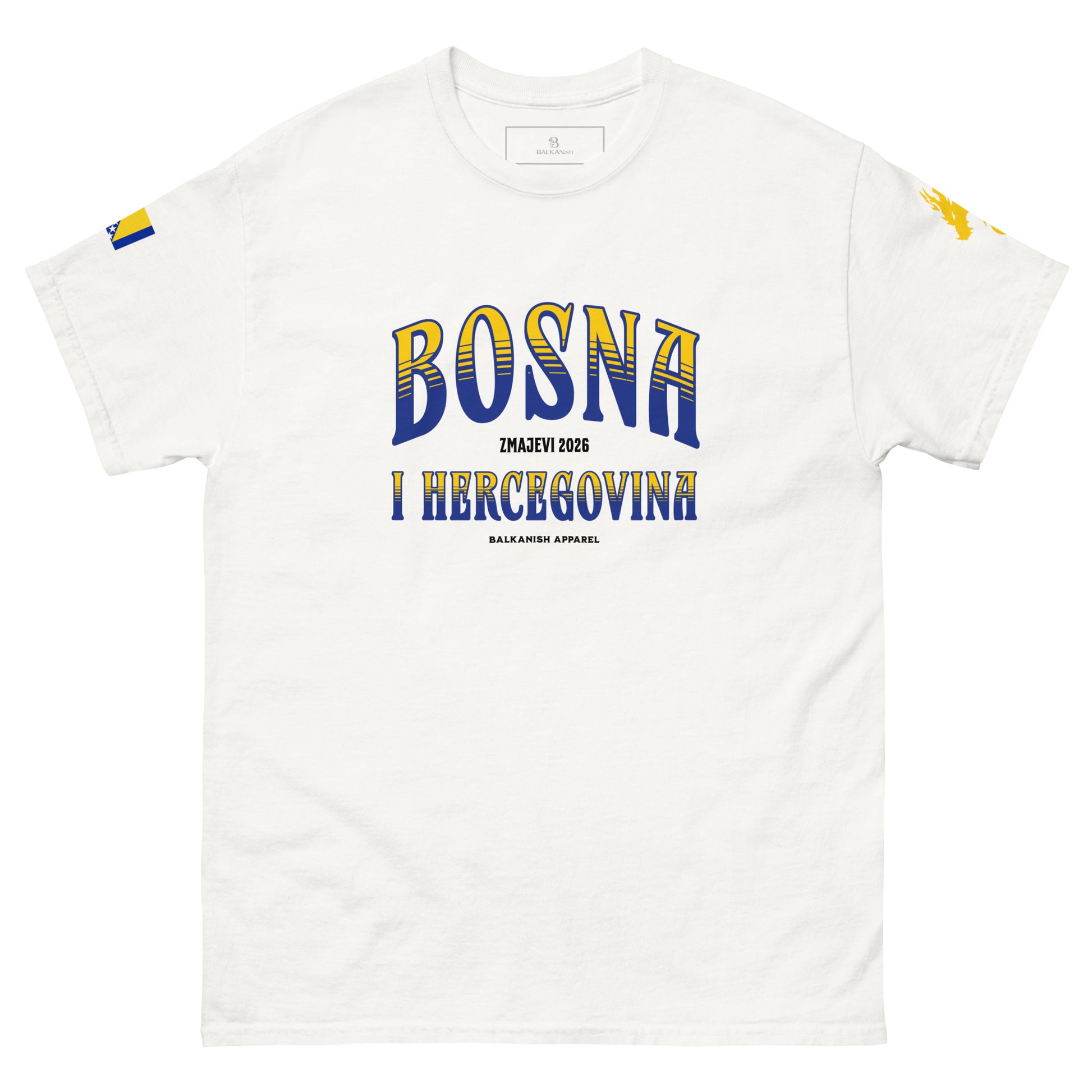 Bosna i Hercegovina men’s t-shirt with Bosnian flag sleeve detail and dragon-inspired Zmajevi artwork