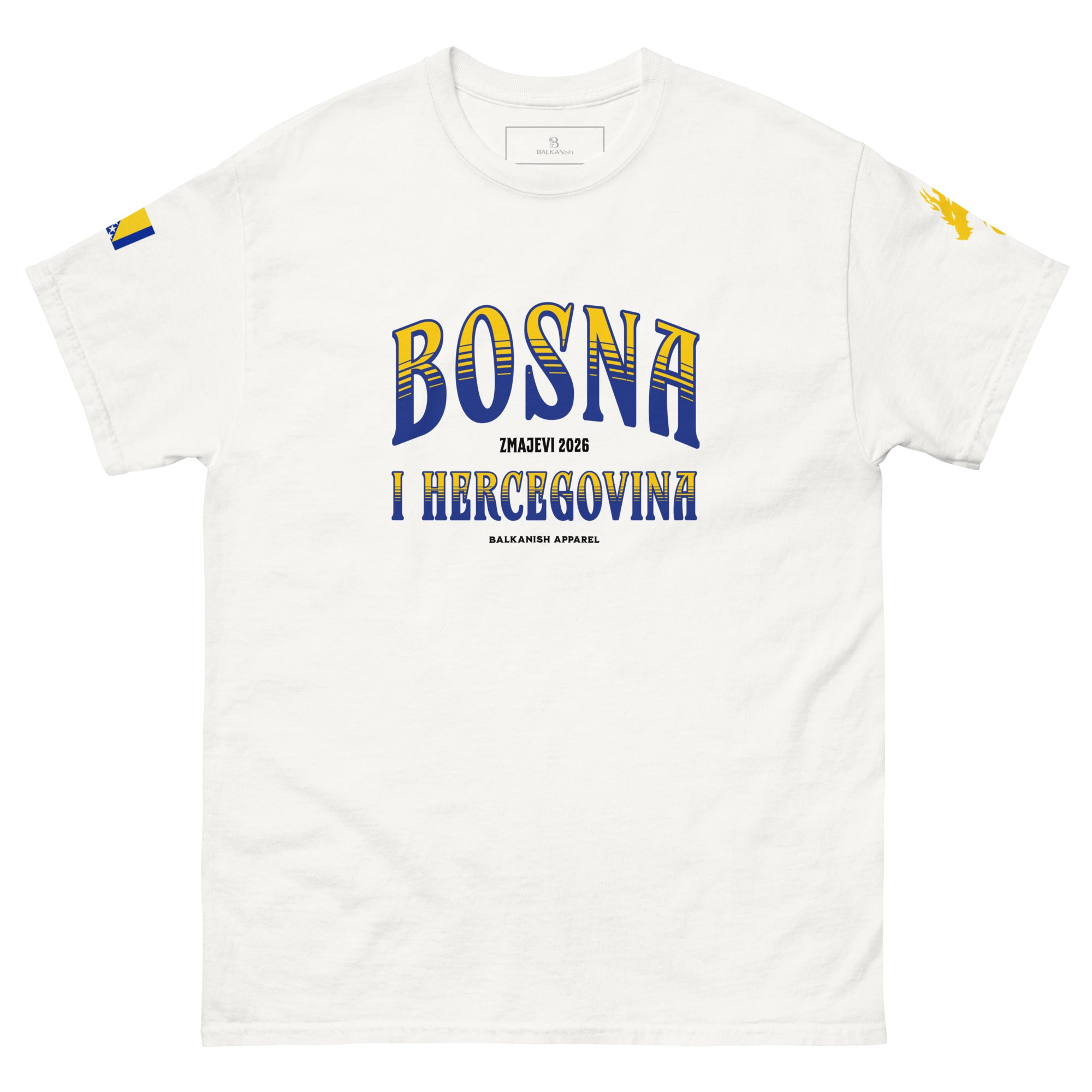 Bosna i Hercegovina men’s t-shirt with Bosnian flag sleeve detail and dragon-inspired Zmajevi artwork
