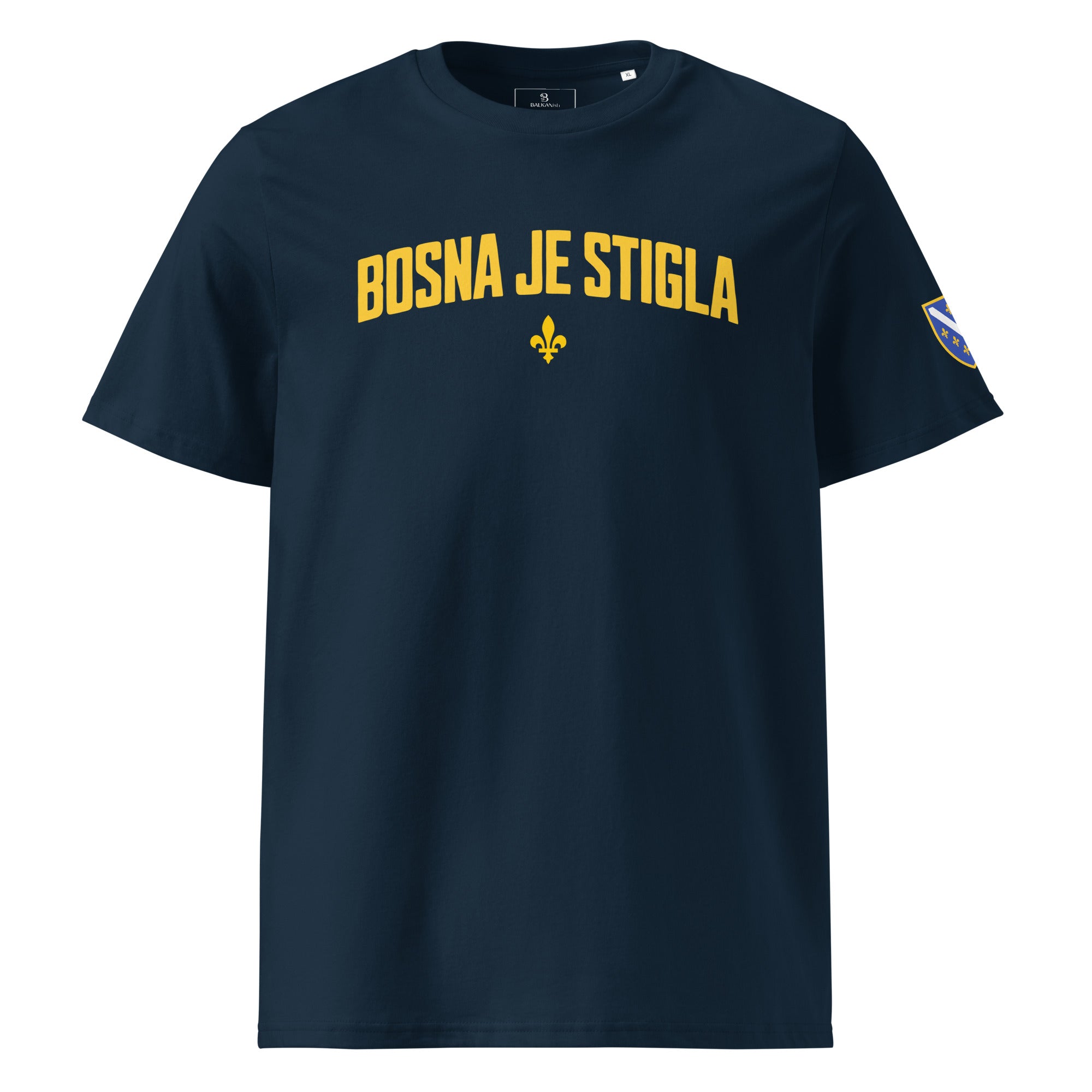 Front view of limited edition Bosna Je Stigla 2026 unisex t-shirt featuring bold Bosnia-inspired typography