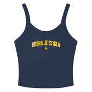 Limited edition Bosna Je Stigla women's crop tank top featuring Bosnia-inspired typography in blue and gold