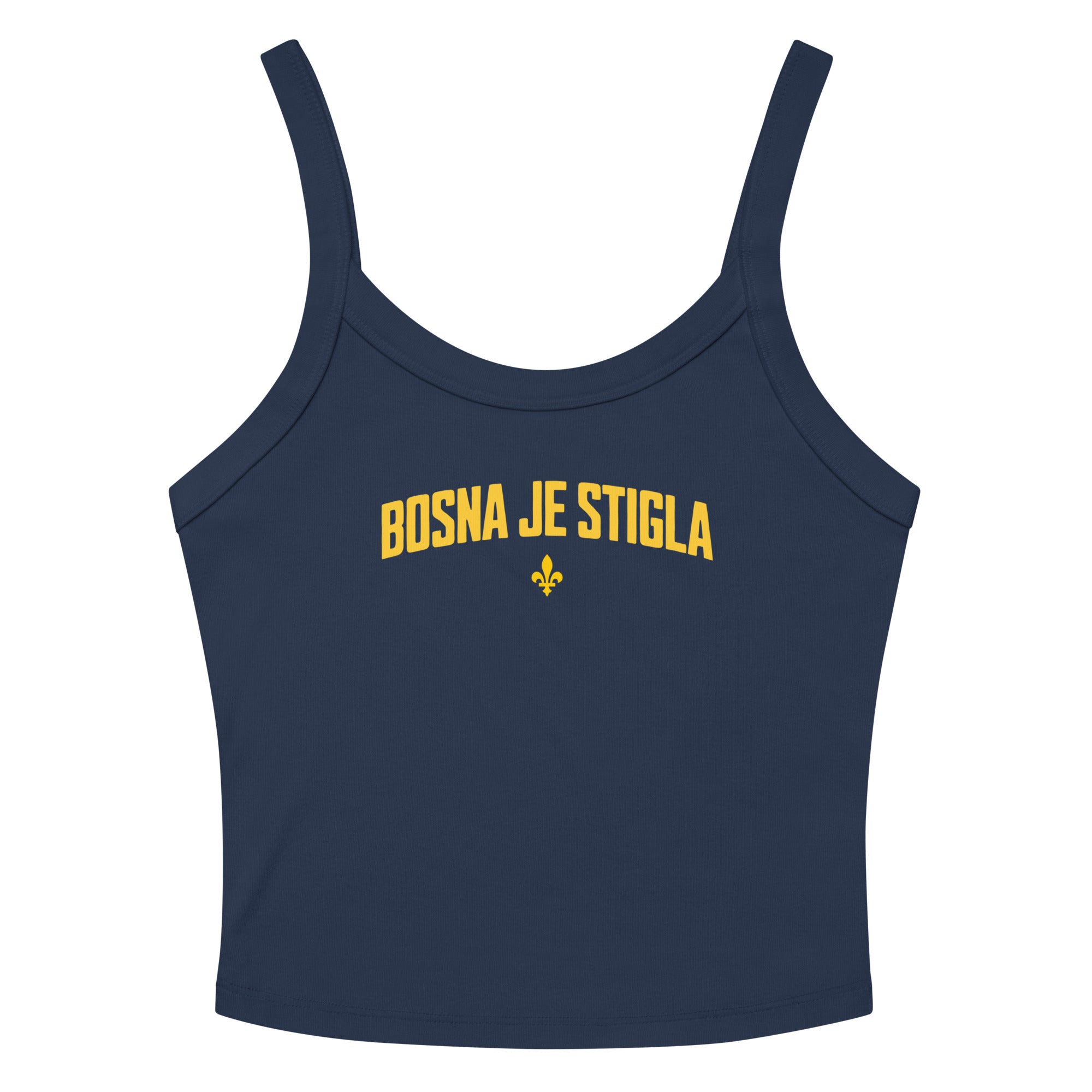 Limited edition Bosna Je Stigla women's crop tank top featuring Bosnia-inspired typography in blue and gold