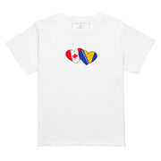 Woman wearing white Bosnia and Canada hearts high waisted t-shirt featuring hand-drawn Balkan diaspora design