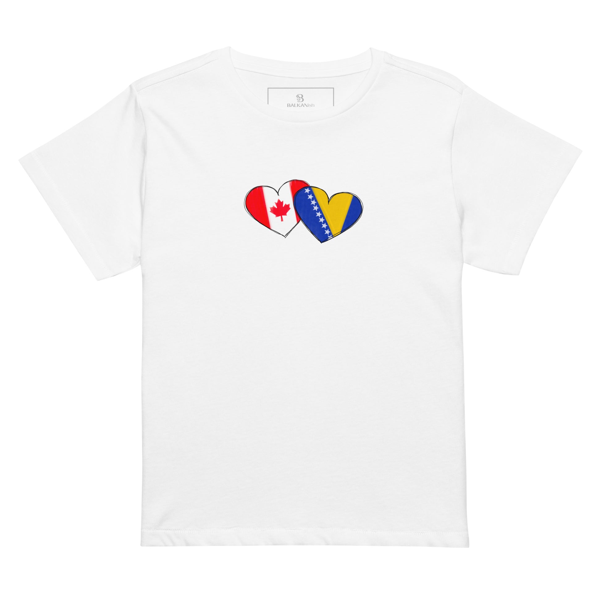 Woman wearing white Bosnia and Canada hearts high waisted t-shirt featuring hand-drawn Balkan diaspora design