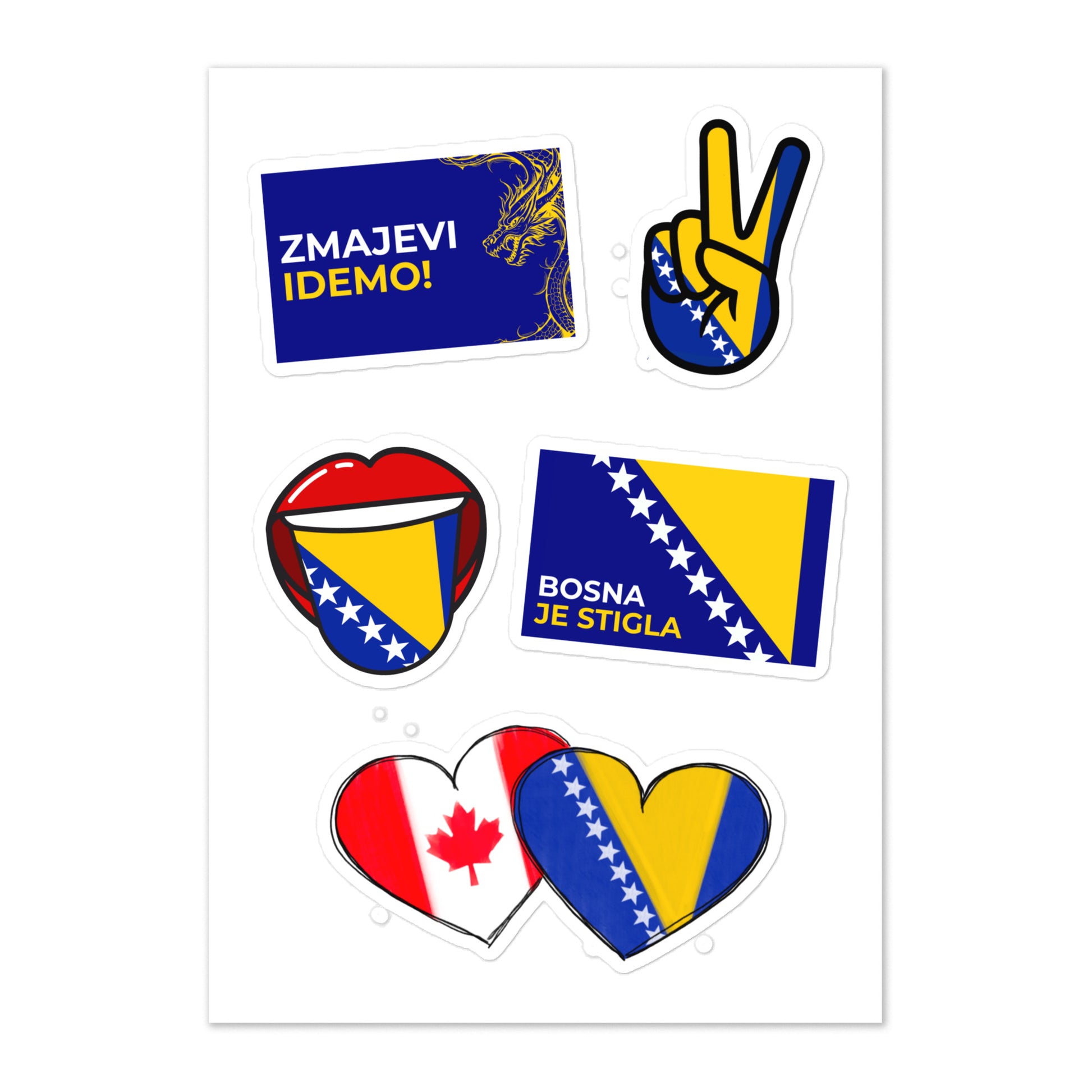 Bosnia and Canada sticker sheet featuring five original designs inspired by Bosnian Canadian heritage and diaspora pride