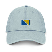 Black denim hat with embroidered Bosnia flag on the front designed for Bosnian fans abroad