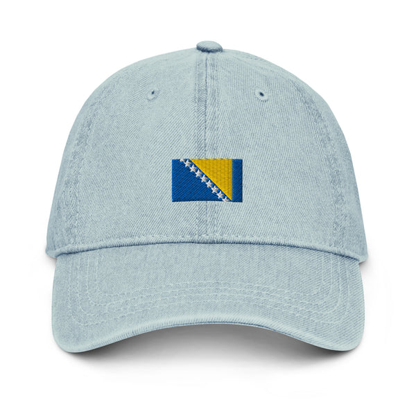 Black denim hat with embroidered Bosnia flag on the front designed for Bosnian fans abroad