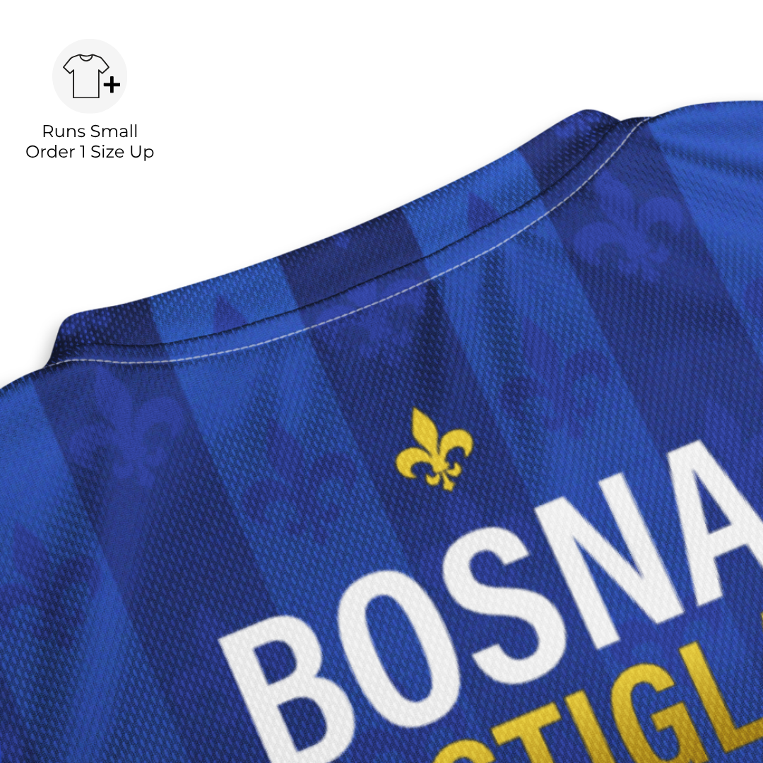 Close-up detail of Bosna Je Stigla text and fleur-de-lis design on Bosnia-inspired football jersey back