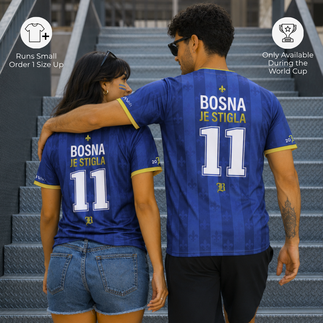 Back view of matching Bosnia-inspired football jerseys featuring Bosna Je Stigla text and oversized number 11 graphics
