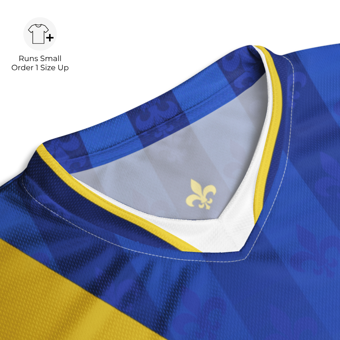 Close-up detail of Bosnia football jersey v-neck collar with gold trim and premium stitching