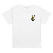 Bosnia peace sign high waisted t-shirt featuring hand-drawn Bosnian flag artwork