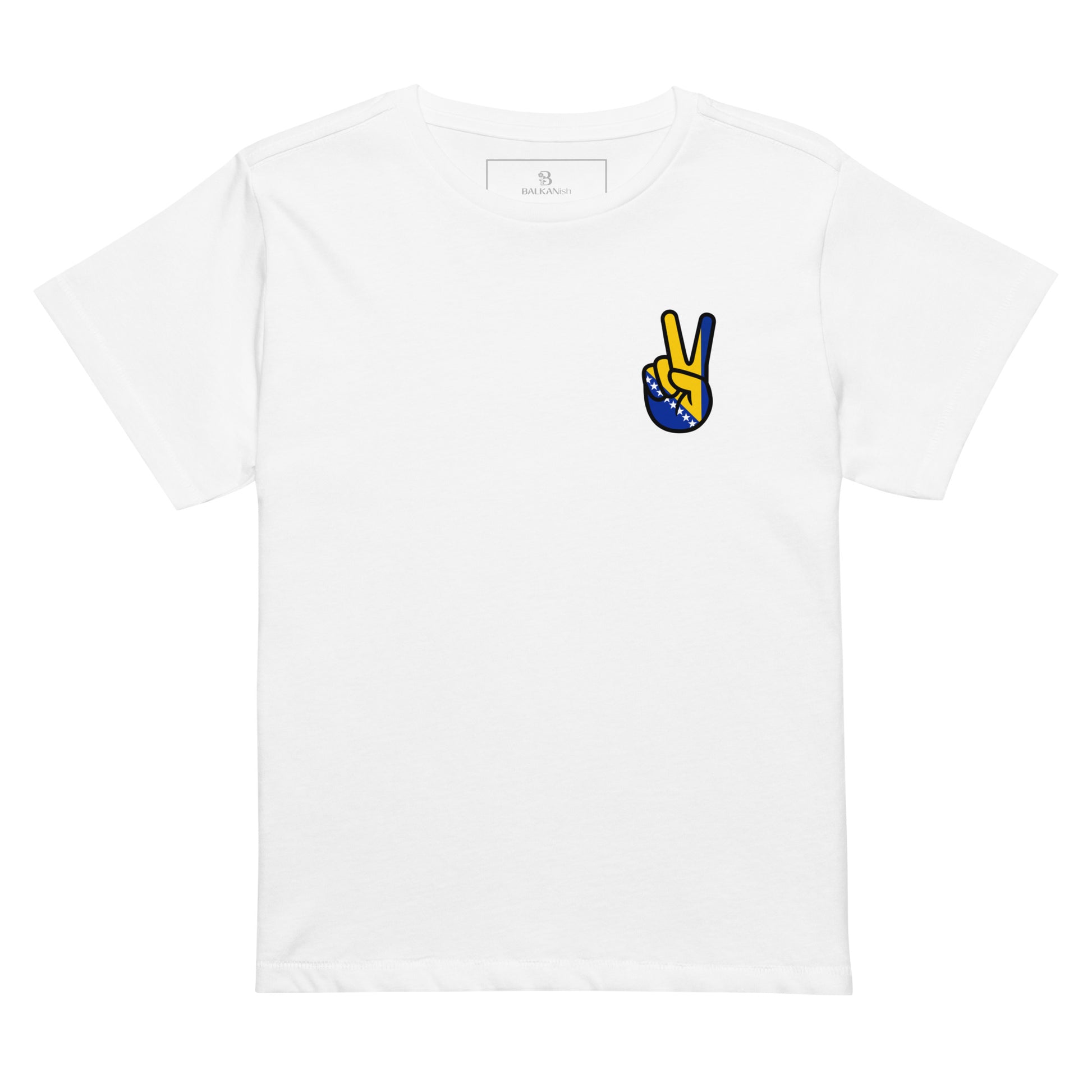 Bosnia peace sign high waisted t-shirt featuring hand-drawn Bosnian flag artwork