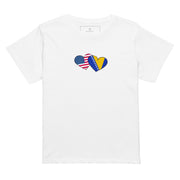 Woman wearing white Bosnia and USA hearts high waisted t-shirt featuring hand-drawn Balkan diaspora design