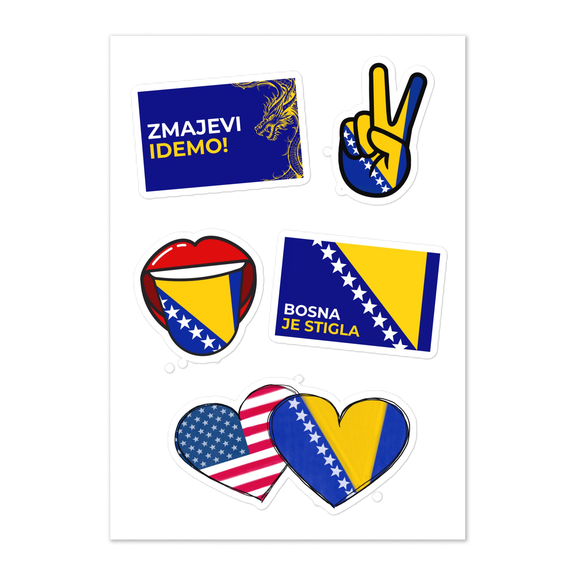 Bosnia and USA sticker sheet featuring five original designs inspired by Bosnian American heritage and diaspora pride