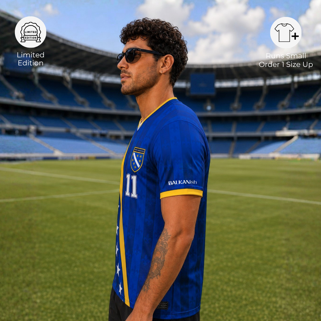 Woman wearing Bosnia-inspired football jersey at stadium with soccer ball and vintage Balkan sports aesthetic