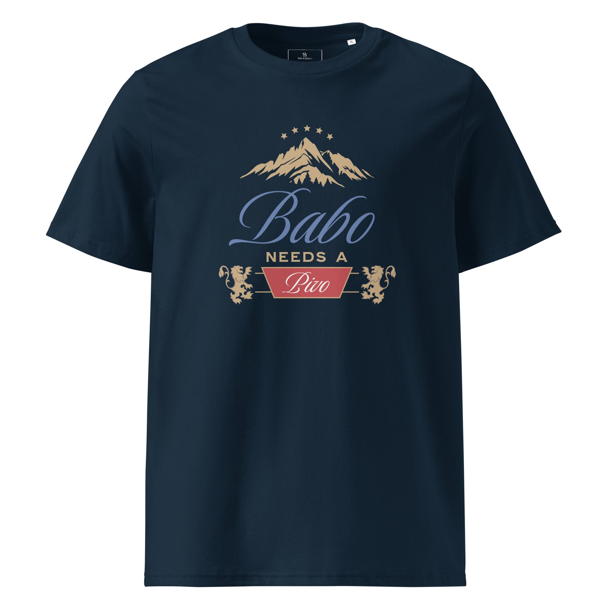 navy blue men's shirt with babo needs a pivo bosnian dad beer design and mountain graphic