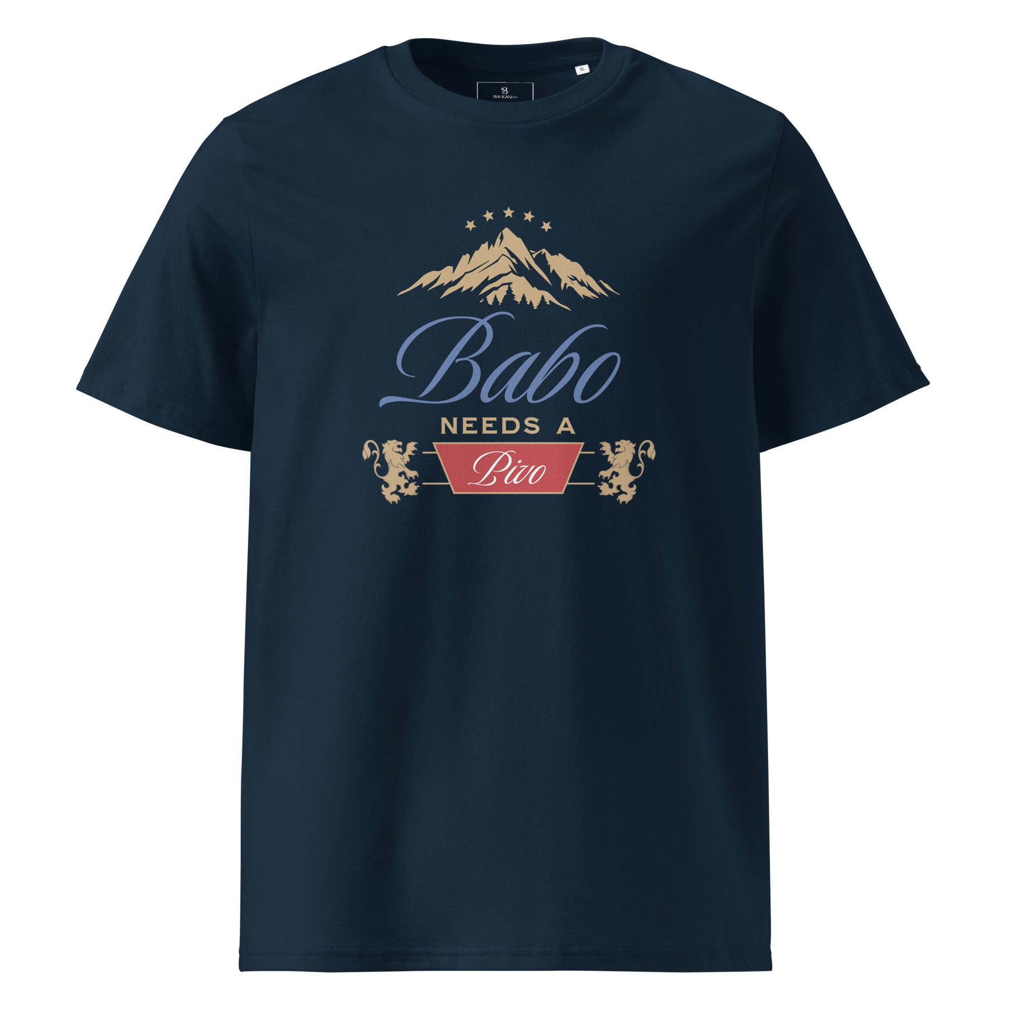 navy blue men's shirt with babo needs a pivo bosnian dad beer design and mountain graphic