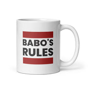 white mug with babo's rules text design in bold vintage lettering
