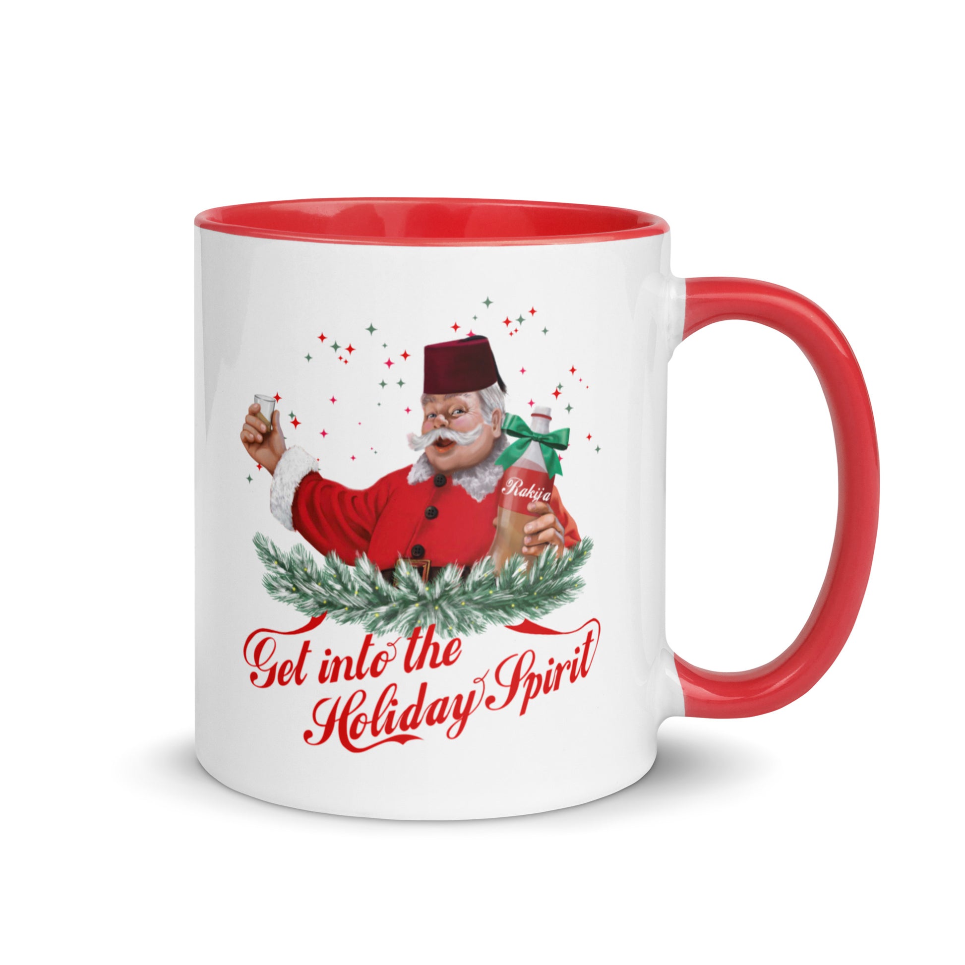 Bosnian Christmas mug featuring Santa holding a bottle of rakija – Balkanish design