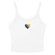 Women’s white crop tank top with a small Bosnian flag heart design on the front