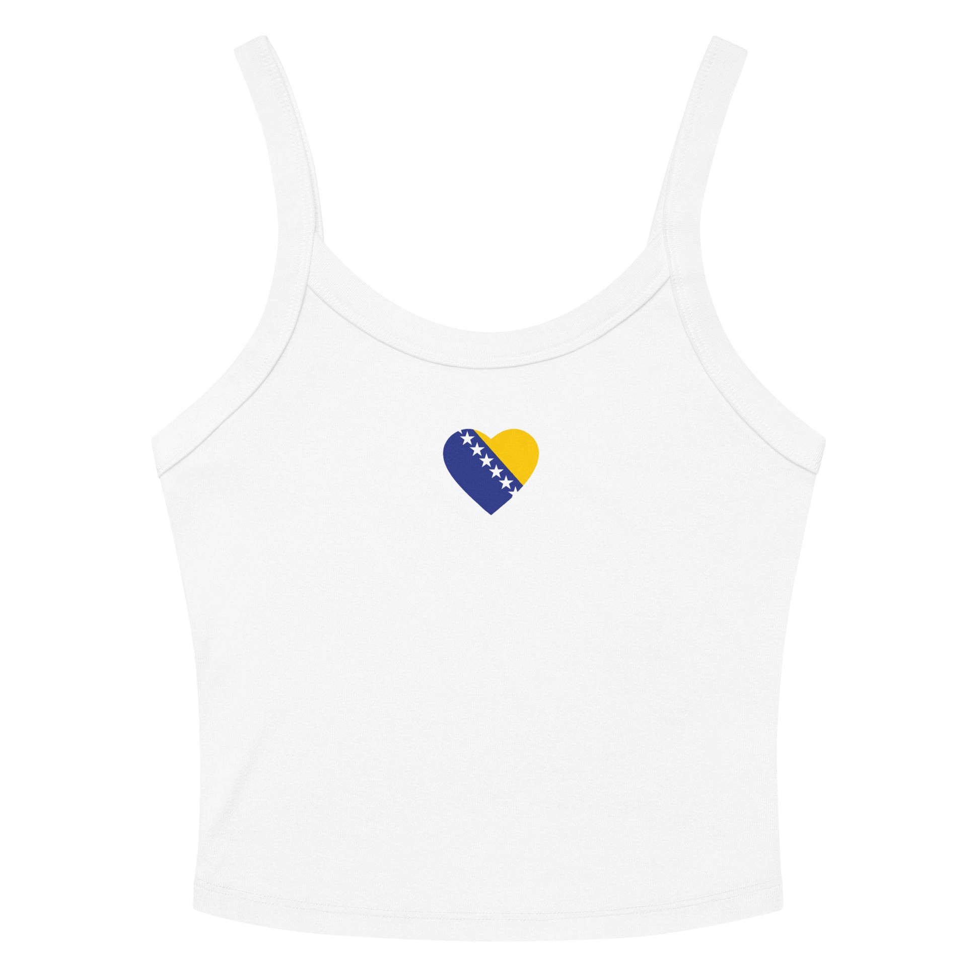 Women’s white crop tank top with a small Bosnian flag heart design on the front