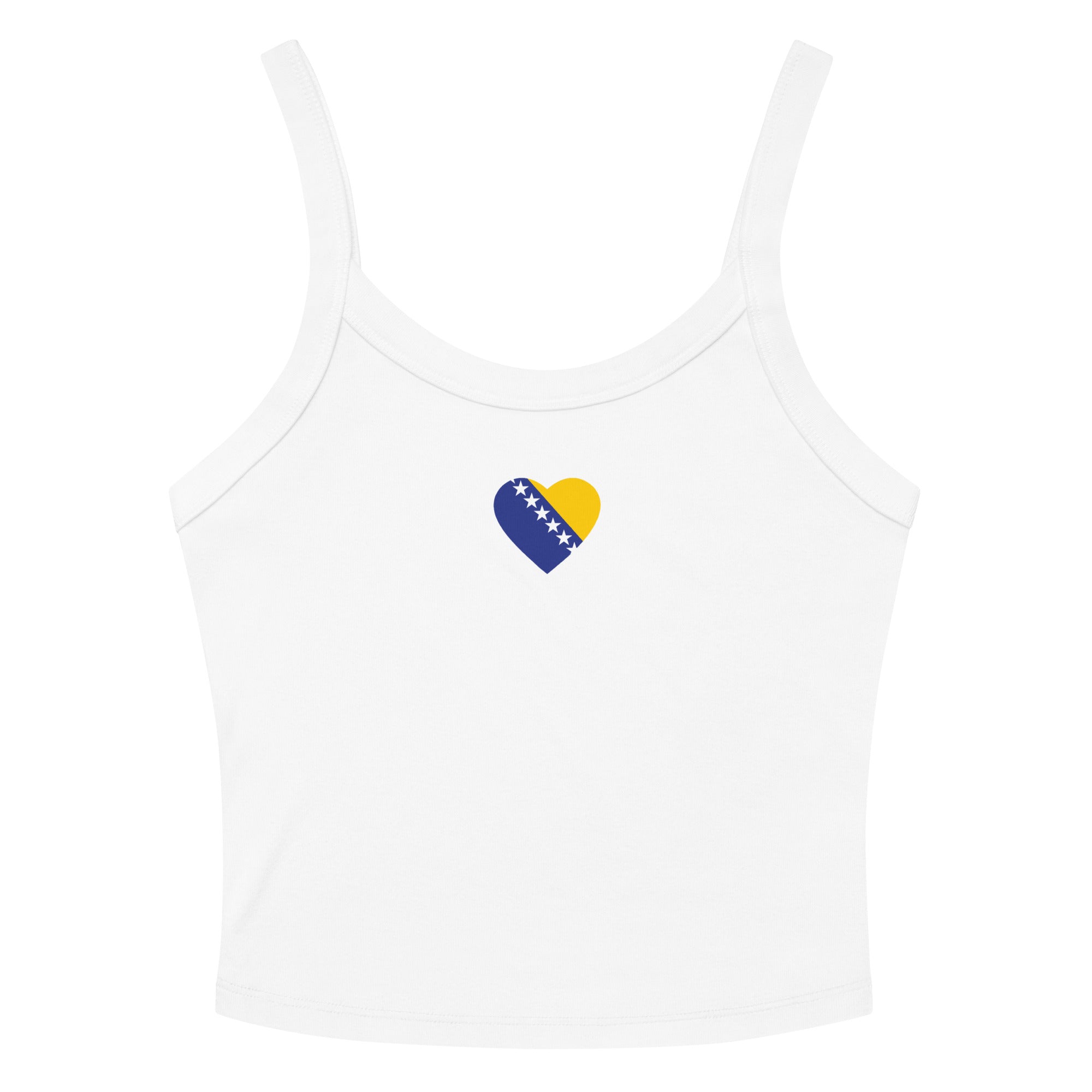 Women’s white crop tank top with a small Bosnian flag heart design on the front