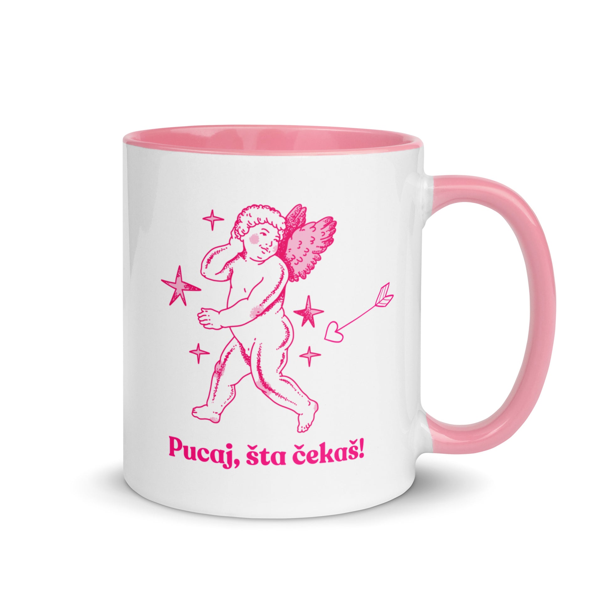 White mug with pink handle and interior featuring a cupid illustration and the Bosnian phrase “Pucaj, šta čekaš!”