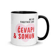 White mug with the text “We go together like ćevapi & somun” inside a heart design.