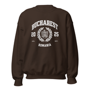 Bucharest Romania varsity crewneck sweatshirt espresso brown front view