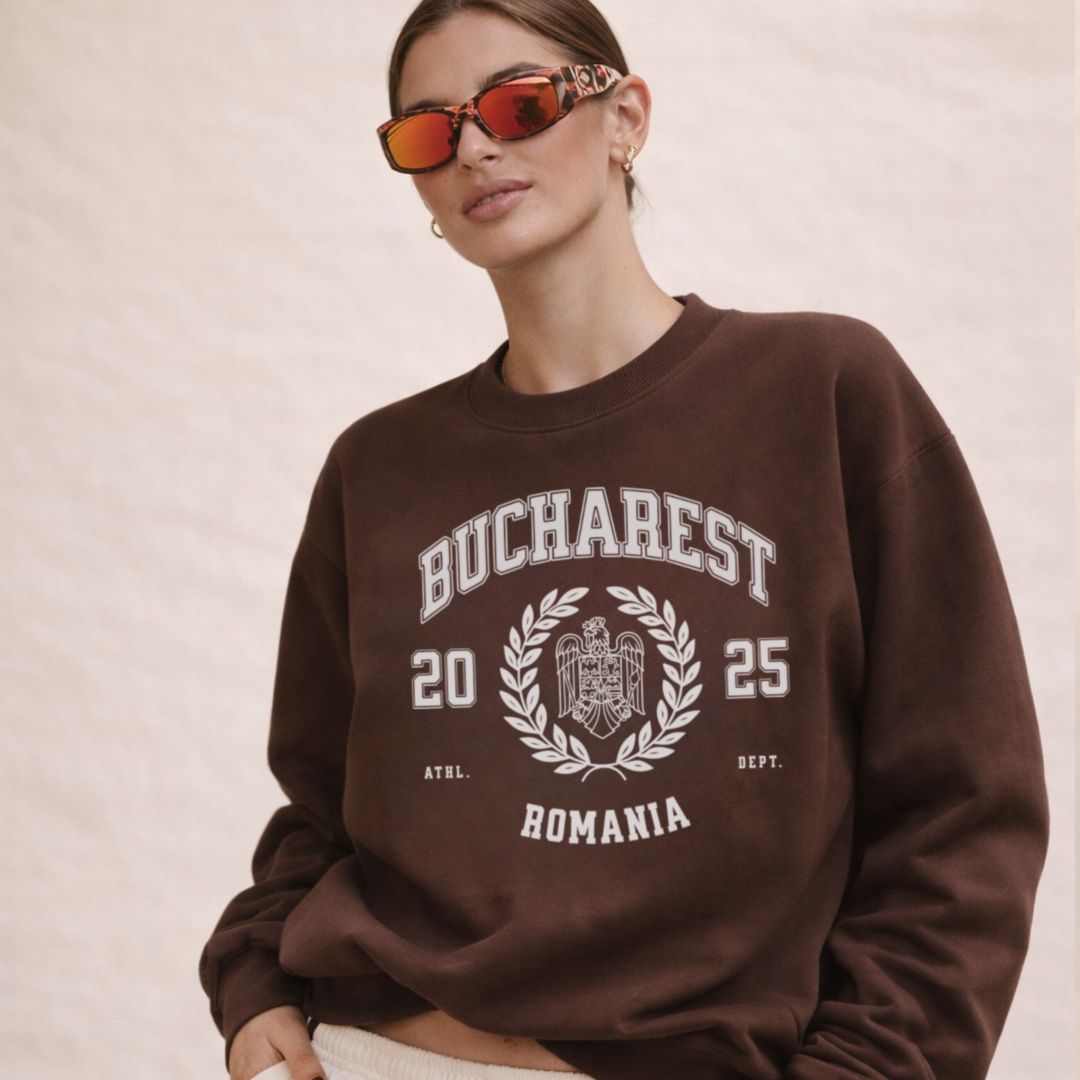 Woman wearing Bucharest Romania varsity crewneck sweatshirt espresso brown