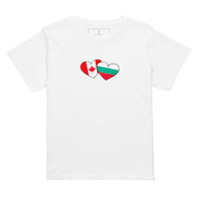 Woman wearing a Bulgaria and Canada hearts high waisted t-shirt featuring hand-drawn watercolor flag hearts for the Bulgarian Canadian diaspora.