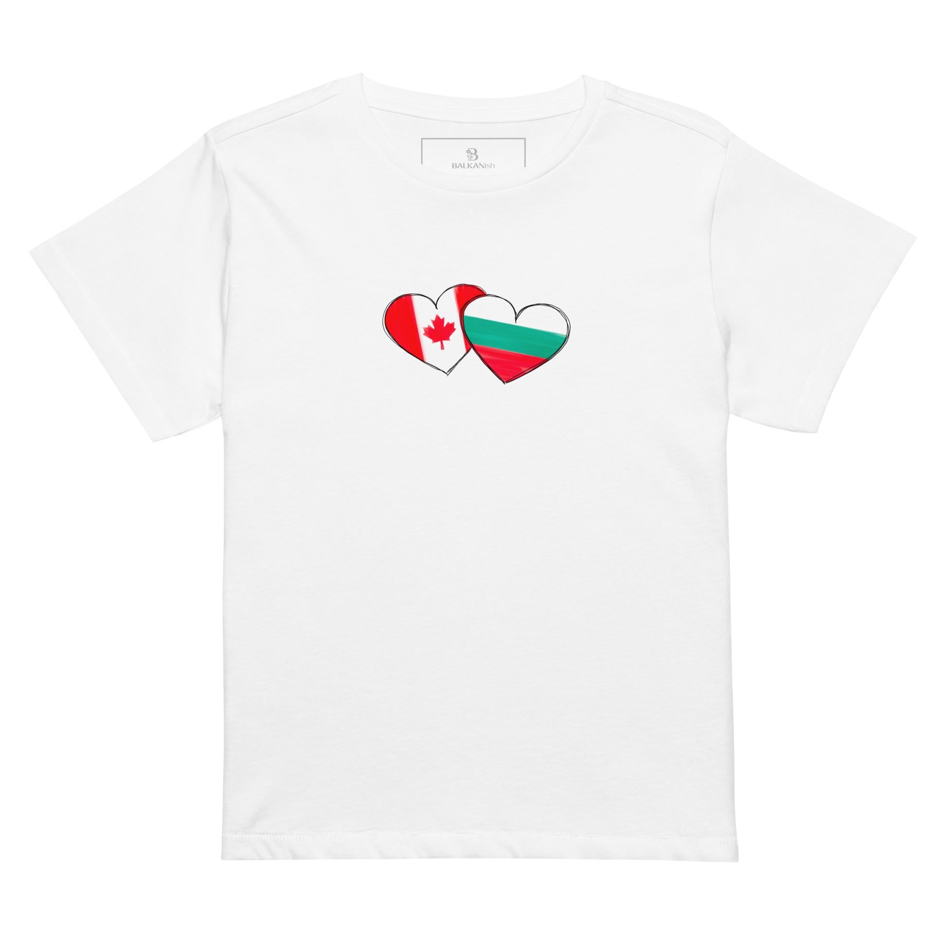 Woman wearing a Bulgaria and Canada hearts high waisted t-shirt featuring hand-drawn watercolor flag hearts for the Bulgarian Canadian diaspora.