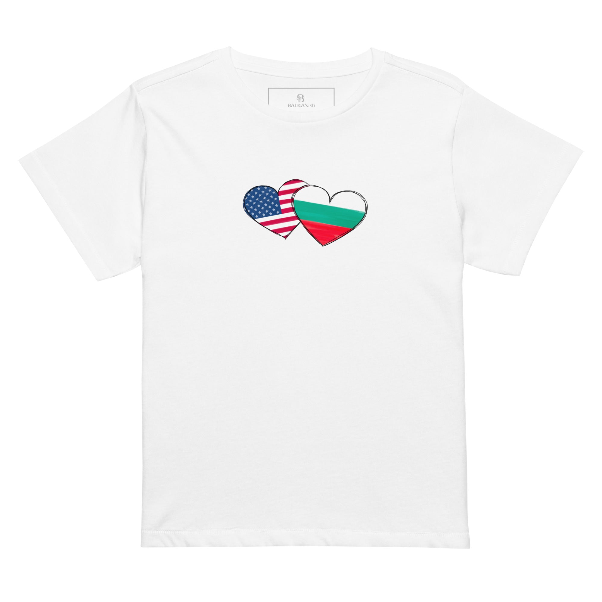 Woman wearing a Bulgaria and USA hearts high waisted t-shirt featuring hand-drawn watercolor flag hearts for the Bulgarian American diaspora.
