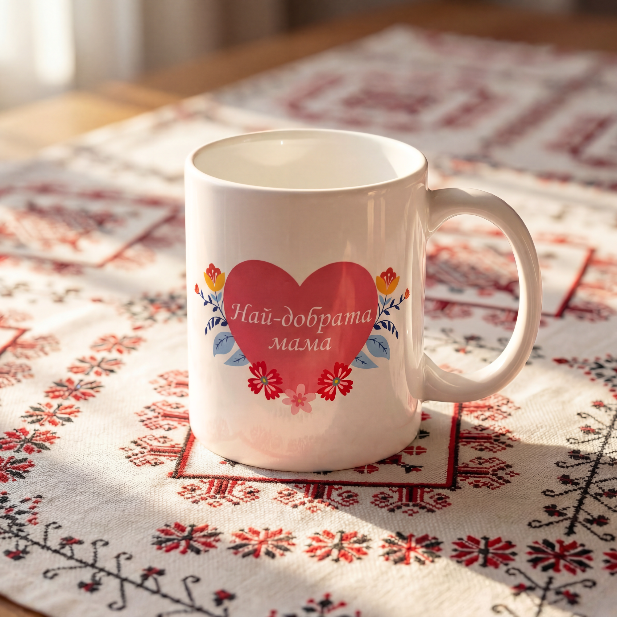 White mug with a heart and flowers reading “Най-добрата мама.”