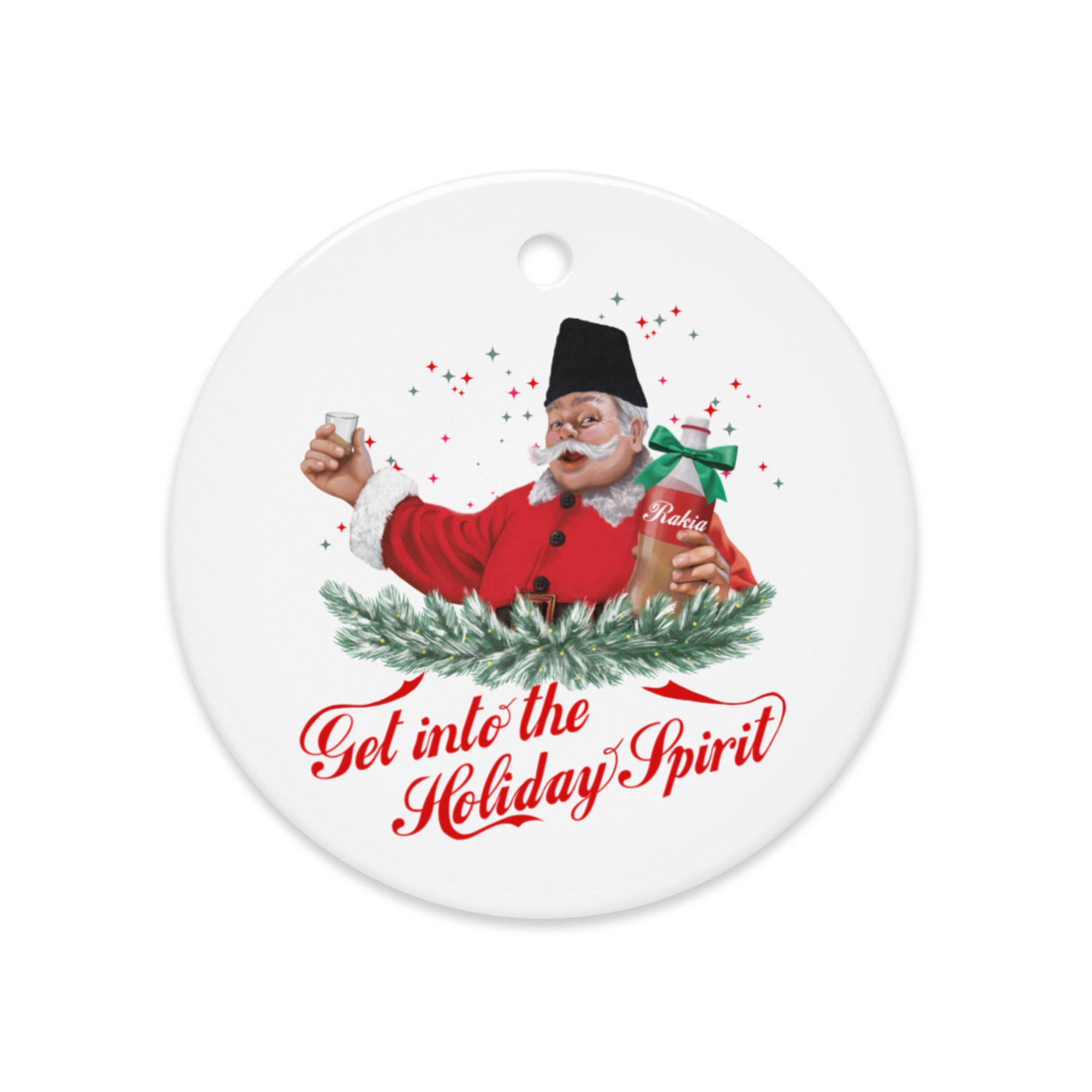Red Christmas ornament featuring Bulgarian Santa holding a bottle of rakia — funny Balkan holiday design