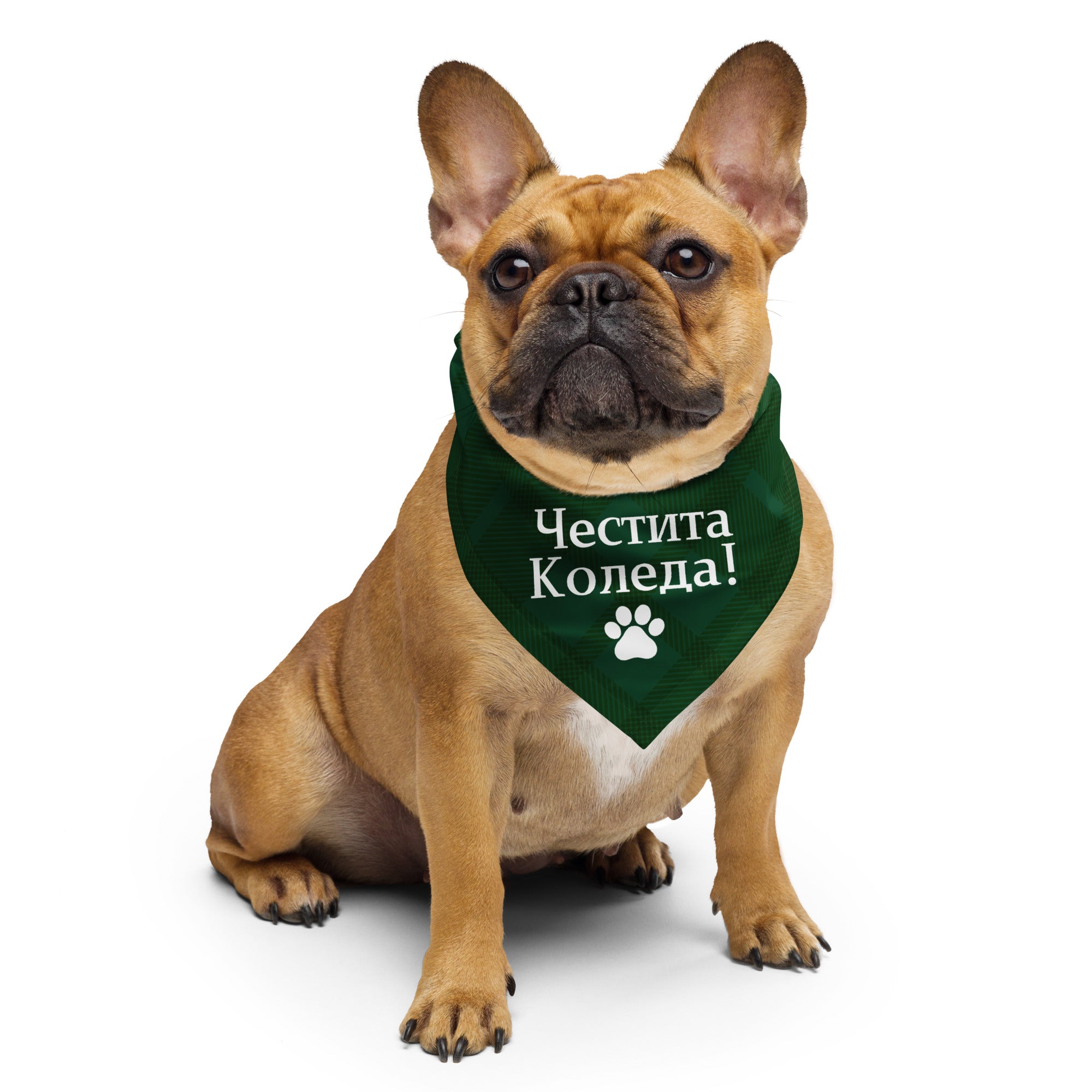 Green plaid pet bandana with “Весела Коледа” — Bulgarian Christmas accessory for pets