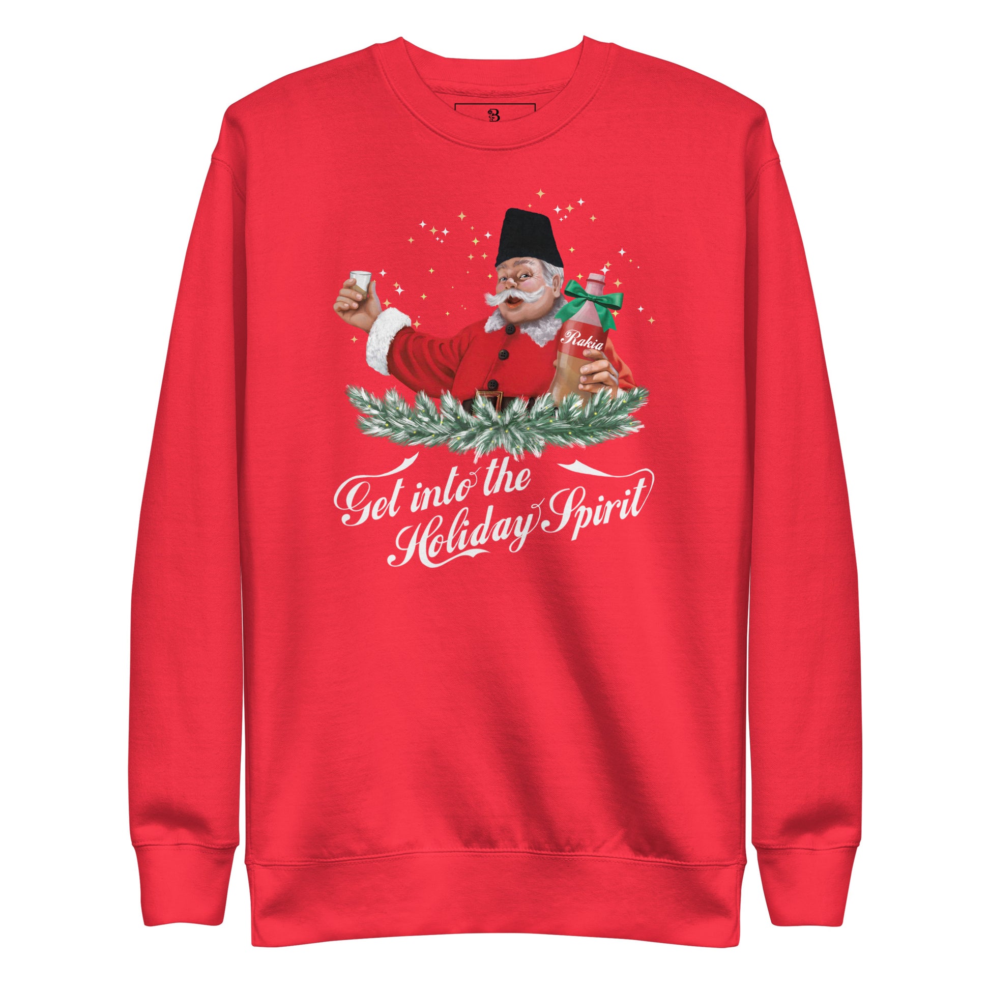 Red Bulgarian Christmas sweater featuring Santa holding rakia — funny Balkan holiday sweater